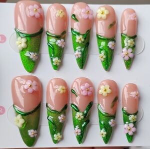 Floral Green and Pink Press-On Nails